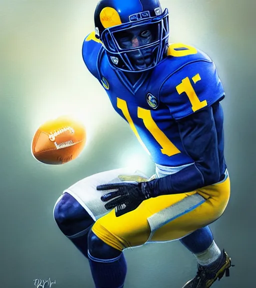 Image similar to highly detailed portrait of cooper kupp, # 1 0 football jersey blue and yellow, unreal engine, fantasy art by greg rutkowski, loish, rhads, ferdinand knab, makoto shinkai and lois van baarle, ilya kuvshinov, rossdraws, tom bagshaw, global illumination, radiant light, detailed and intricate environment