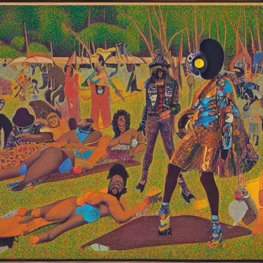 Prompt: artwork of pedro bell, parliament, funkadelic, george clinton, bootsy collins, the mothership, chocolate city, a sunday afternoon on the island of la grande jatte