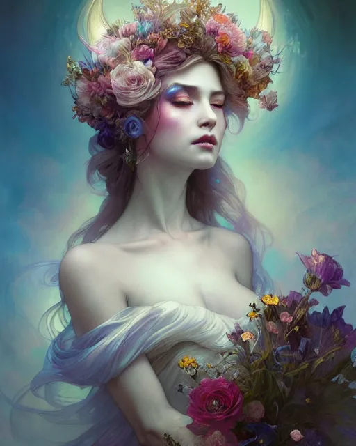 Image similar to Full View ultrarealistic Portrait ethereal fantasy deity wearing beautiful gown, flowers, spirituality, 4k digital masterpiece by Anna Dittman and Alberto Seveso Ruan Jia, rossdraws, artgerm and greg rutkowski and alphonse mucha and loish and WLOP, fantasycore, Hyperdetailed, realistic digital painting, soft lighting, featured on Artstation