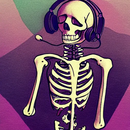 Image similar to skeleton with headphones playing a synthesizer, artstation, illustration, lights,