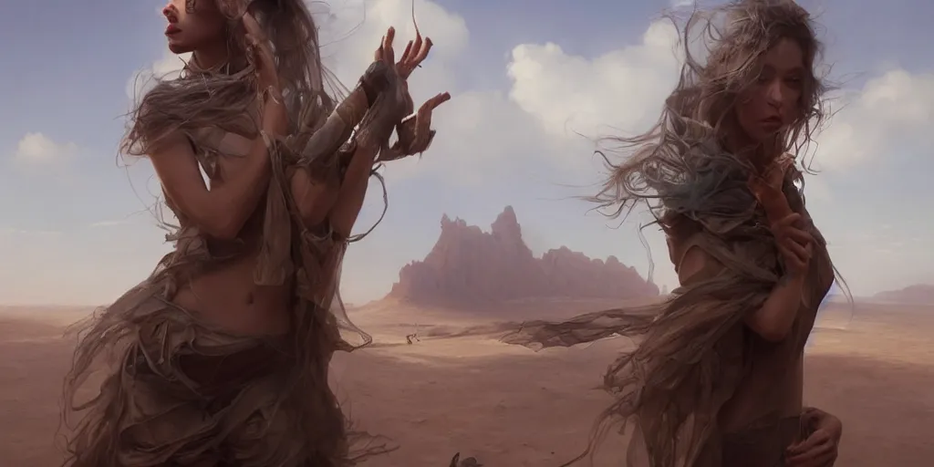Prompt: hyperrealistic photorealist pose beautiful model in the desert, dramatic lighting, highly detailed, hyper detailed, 3 d render, hyper realistic detailed portrait, peter mohrbacher, wlop, ruan jia