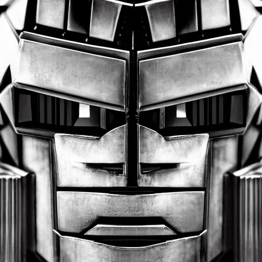 Image similar to symmetrical, close up face portrait of Optimus Prime, scowling, studio lighting, depth of field, photography, black and white, highly detailed