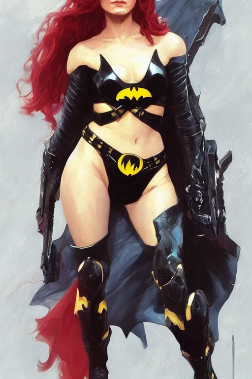Image similar to portrait of a young Michelle Pfeiffer as Batgirl in bikini armor, dc comics, cyberpunk, Warhammer 40000, dark fantasy, digital art from artstation by Ruan Jia and Mandy Jurgens and Artgerm and william-adolphe bouguereau