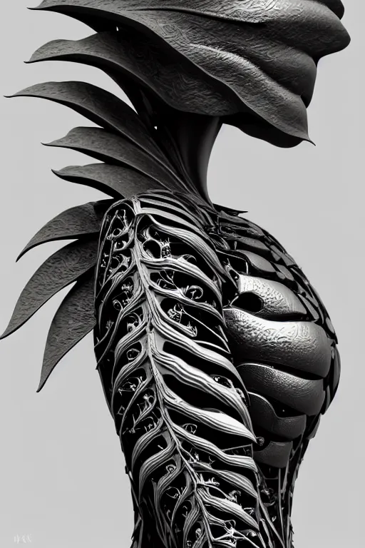 Image similar to monochrome close - up profile face, black background, beautiful young porcelain bio - mechanical vegetal - dragon - cyborg - female, white metallic armour, silver gold details, magnolia leaves and stems, roots, mandelbot fractal, 1 5 0 mm, beautiful natural soft rim light, elegant, hyper real, ultra detailed, octane render, 1 6 k