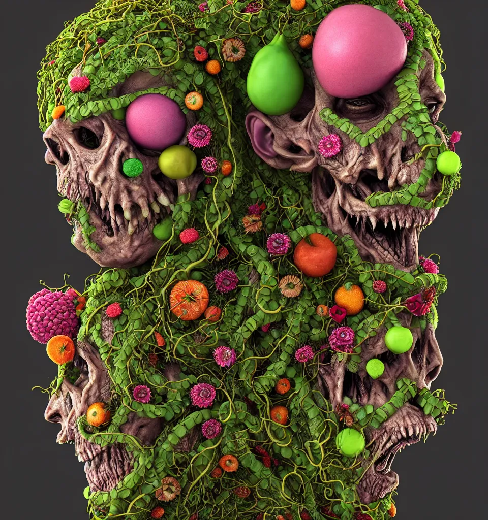 Prompt: headshot of a trickster nature zombie, head made of fruit and flowers in the style of arcimboldo, covered with tendrils and vines, made by greg rutkowski, digital illustration, dynamic lighting, action figure, clay sculpture, claymation, turquoise pink and green, rainbow backdrop