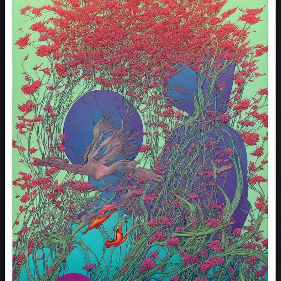 Image similar to ( ( ( beautiful strange forest and flowers and birds ) ) ) by mœbius!!!!!!!!!!!!!!!!!!!!!!!!!!!, overdetailed art, colorful, record jacket, cover art design, decorative frame