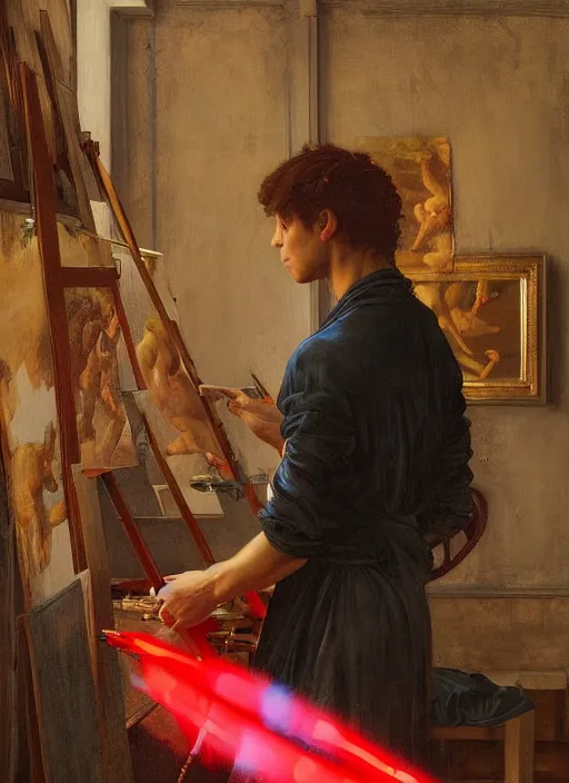 Image similar to a young painter in his studio painting a picture of a red pokemon, by edgar maxence and caravaggio and michael whelan and delacroix style, artistic, intricate drawing, cinematic lighting, hyper realistic, extremely detailed, establishing shot, 8 k resolution, dramatic lighting