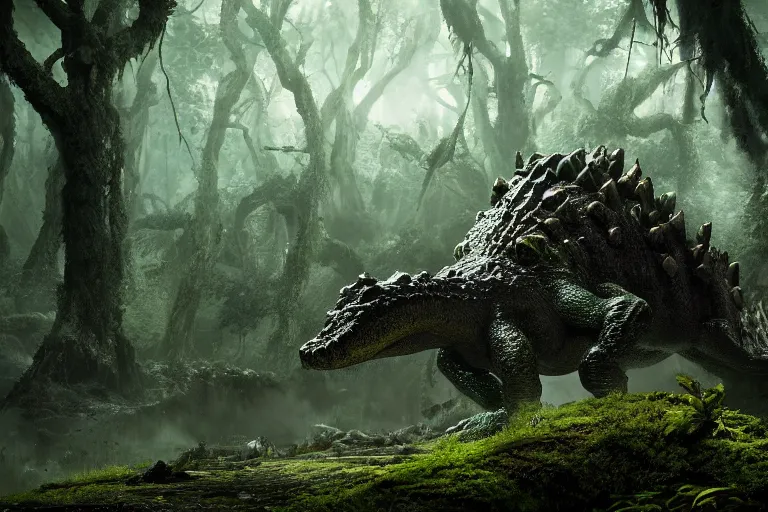 Image similar to a giant crocodile covered in moss with trees on its back approaching a city, dark souls inspired, elden ring inspired, octane render, rtx, unreal engine 5, digital painting, trending on artstation, highly detailed, epic composition, 8 k uhd