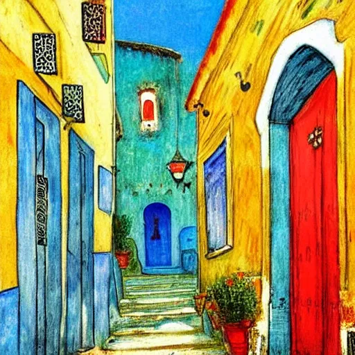 Image similar to narrow streets of old chefchaouen, turquoise and blue color, graphic novel, watercolor, by claude monet, by edward munch