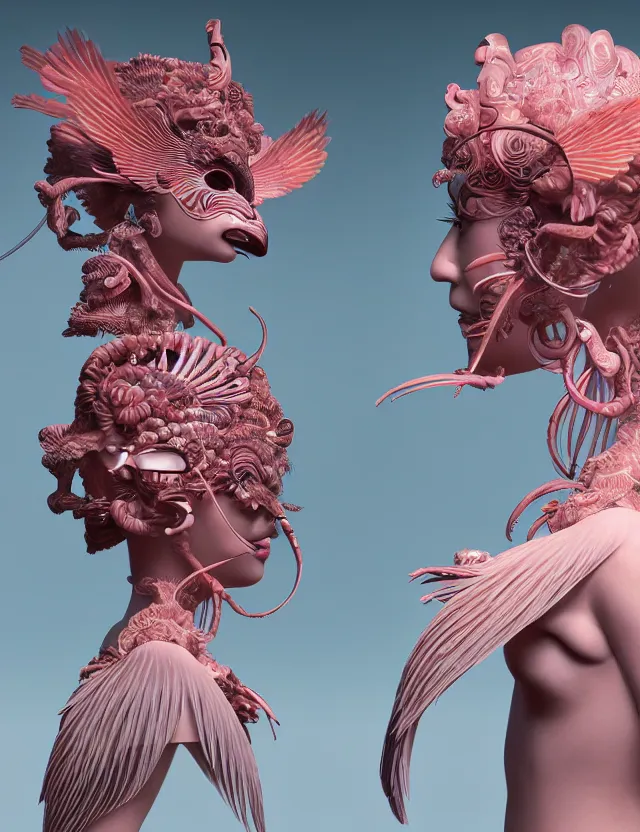 Prompt: 3 d venus goddess close - up profile portrait biomechanics. beautiful intricately detailed japanese crow kitsune mask and clasical japanese kimono. betta fish, jellyfish phoenix, bio luminescent, plasma, ice, water, wind, creature, artwork by tooth wu and wlop and beeple and greg rutkowski