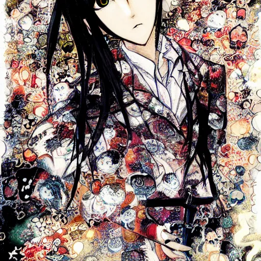 Image similar to yoshitaka amano realistic illustration of a manga girl with black eyes and long wavy white hair wearing dress suit with tie and surrounded by abstract junji ito style patterns in the background, blurry and dreamy illustration, noisy film grain effect, highly detailed, oil painting with expressive brush strokes, weird portrait angle, twin peaks color palette