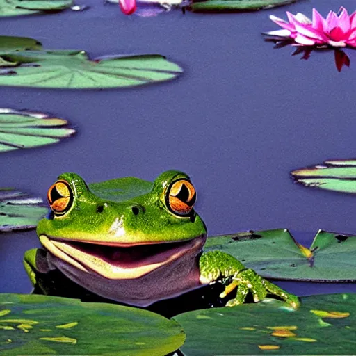 Prompt: oil painting close - up of a smiling frog in the pond with water lilies, high grey medieval castle on background, shallow depth of field, highly detailed, ominous, digital art, masterpiece, matte painting, sharp focus, matte painting, by isaac levitan, monet, asher brown durand,