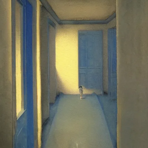 Image similar to close up of a girl in a blue and gold haunted liminal abandoned room, watercolor by gottfried helnwein, by hammershøi, art noveau, highly detailed, lights by edward hopper, liminal, eerie, bright pastel colors