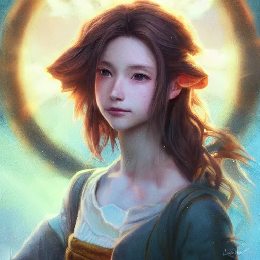 Image similar to aerith gainsborough portrait, atmospheric lighting, painted, intricate, volumetric lighting, beautiful, rich deep colors masterpiece, golden hour, sharp focus, ultra detailed, by leesha hannigan, ross tran, thierry doizon, kai carpenter, ignacio fernandez rios