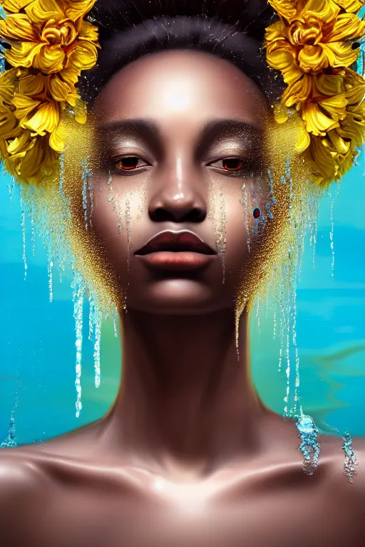 Prompt: hyperrealistic precisionist cinematic profile very expressive! oshun goddess, ophelia in water!, mirror dripping droplet!, gold flowers, highly detailed face, digital art masterpiece, smooth eric zener cam de leon, dramatic pearlescent turquoise light on one side, low angle uhd 8 k, shallow depth of field