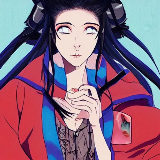 Prompt: a beautiful ukiyo painting of cyberpunk girl wearing inuyasha's clothes in stretwear style designed by balenciaga