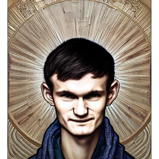 Image similar to vitalik buterin, artgerm, very detailed, art contest winner on behance, trendy on deviant art, by artgem, greg rutkowski and laura sava and alphonse mucha