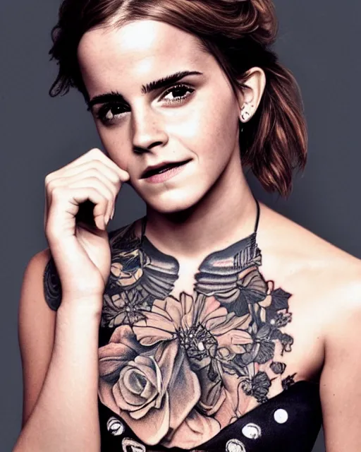 Image similar to emma watson, dope tattoo, hyperrealistic