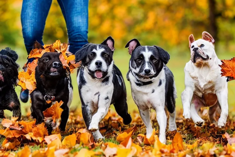 Prompt: four dogs of completely different breeds running through autumn leaves towards the camera