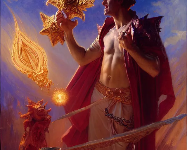 Image similar to attractive male deity, casting demonic magic, summoning handsome lucifer morning star. highly detailed painting by gaston bussiere, craig mullins, j. c. leyendecker 8 k