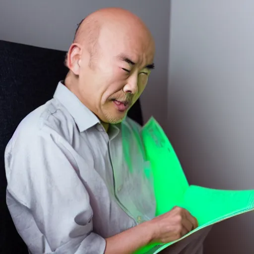 Image similar to japanese balding man with gray hair, holding a newspaper and looking up at his room with contrastic green lighting scary