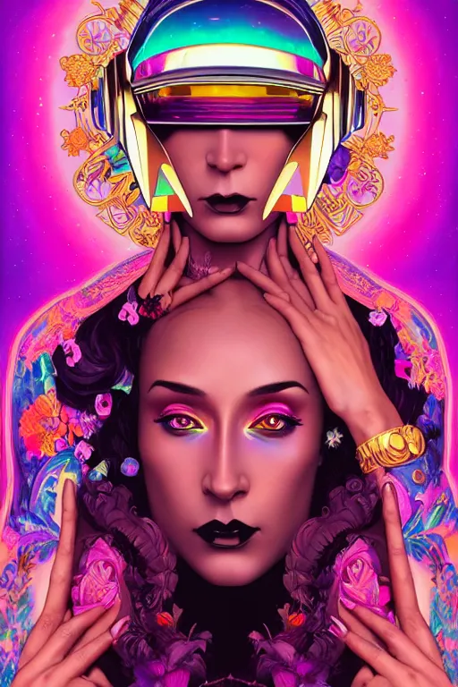 Image similar to a full portrait of the lisa frank daft punk vaporwave diva, gothic, highly detailed, digital painting, crown of skulls, artstation, smooth, sharp focus, illustration, art by artgerm and greg rutkowski and alphonse mucha and william - adolphe bouguereau