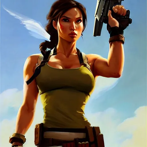 Image similar to Greg Manchess portrait painting of Lara Croft as Overwatch character, medium shot, asymmetrical, profile picture, Organic Painting, sunny day, Matte Painting, bold shapes, hard edges, street art, trending on artstation, by Huang Guangjian and Gil Elvgren and Sachin Teng