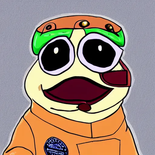 Image similar to pepe the frog head from 4chan on the body of a cartoon dog wearing a leather jacket and jeans