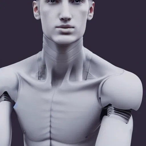 Image similar to “a realistic detailed photo of a guy who is an attractive humanoid who is half robot and half humanoid, who is a male android, twitch streamer and youtuber Ludwig Ahgren, shiny skin, posing like a statue, blank stare”