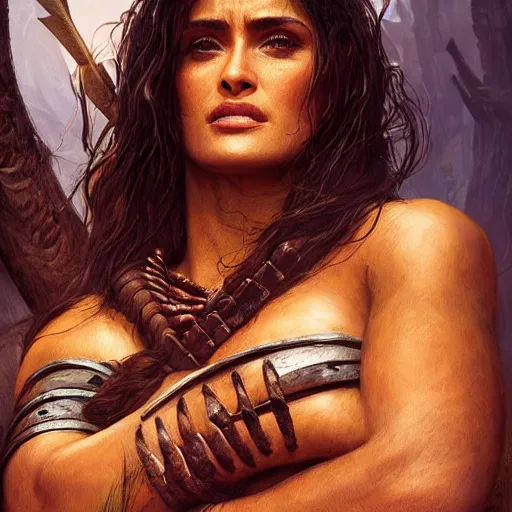 Prompt: portrait of salma hayek as barbarian warrior in a jungle, au naturel, hyper detailed, digital art, trending in artstation, cinematic lighting, studio quality, smooth render, unreal engine 5 rendered, octane rendered, art style by klimt and nixeu and ian sprigger and wlop and krenz cushart.