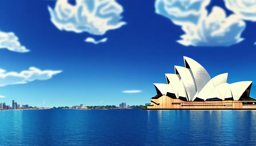 Image similar to scenic view of sydney opera house, in the style of makoto shinkai, sunny, blue skies, soft clouds, anime, 4 k, detailed