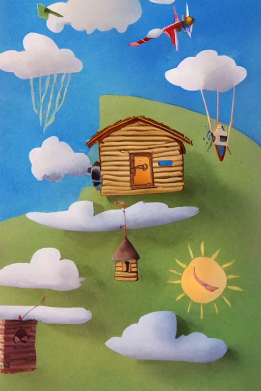 Image similar to a children's book illustration of an adventure cabin flying through the clouds