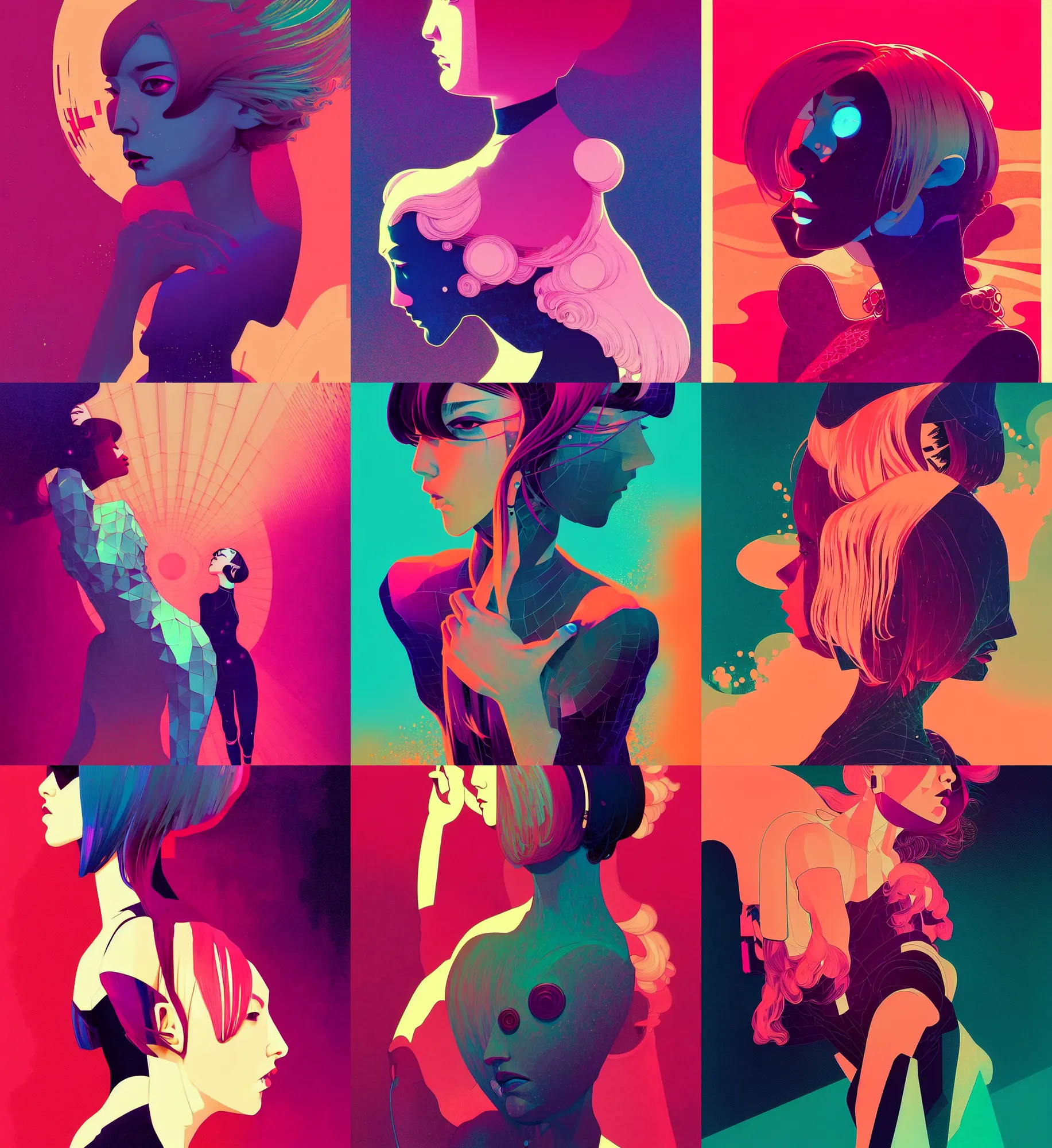 Prompt: ( ( dither ) ), editorial illustration portrait of girls like reol posing, dynamic pose, modern art deco, colorful, ( ( mads berg ) ), christopher balaskas, victo ngai, rich grainy texture, detailed, dynamic composition, wide angle, moebius, matte print, alphonse mucha, ( ( glitch art ) )