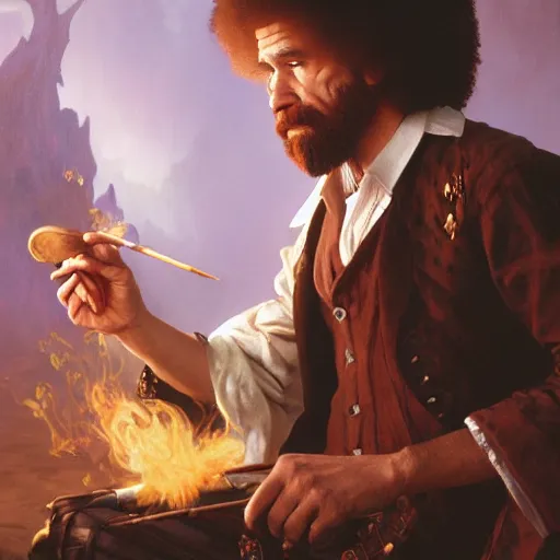 Image similar to an ultra detailed magic the gathering card of bob ross smoking a pipe and dressed as a fantasy bard, d & d, epic fantasy, concept art by alphonse mucha and greg rutkowski, octane render, 8 k, detailed face