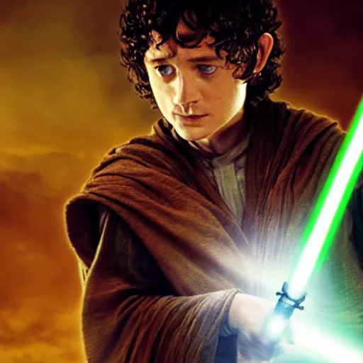 Image similar to frodo as jedi master, dramatic lighting,