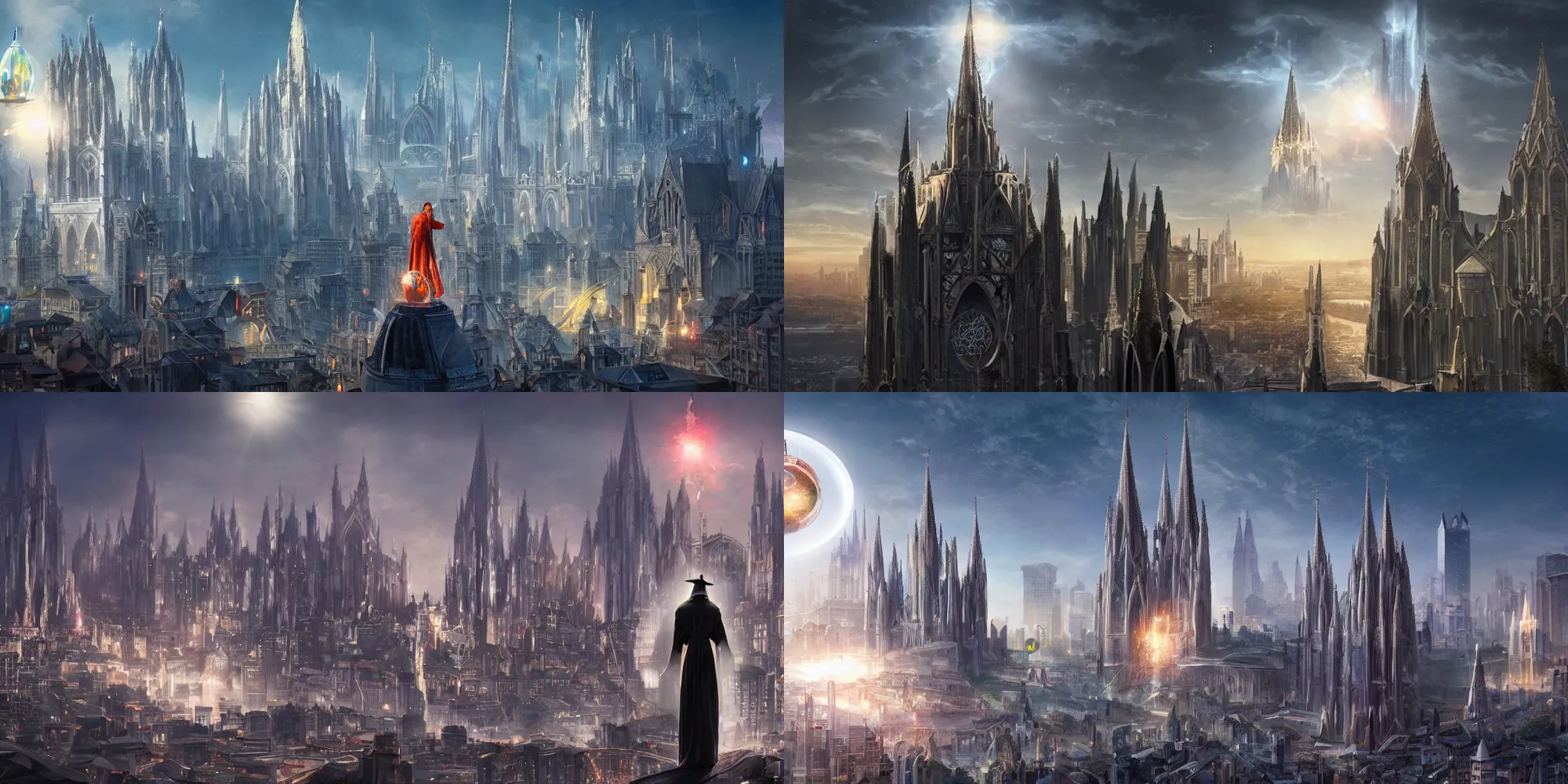 Prompt: A futuristic cityscape, dominated by the massive tower of a cathedral. A wizard stands on its roof, holding up a glowing orb