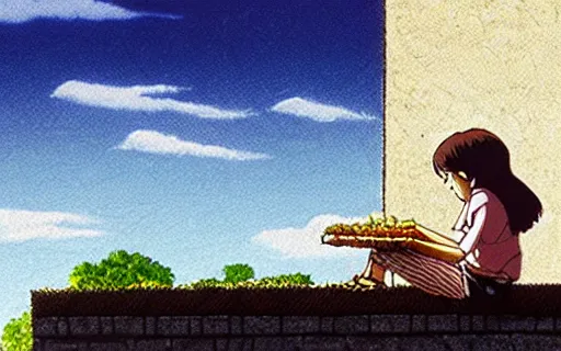 Image similar to a girl sitting on the roof of a building eating a sandwich, art by hayao miyazaki, studio ghibli film,
