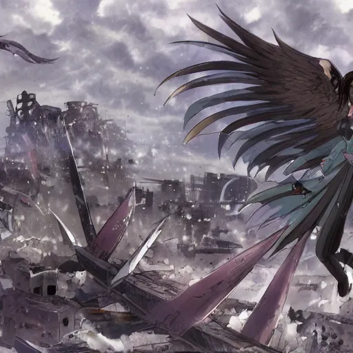 Prompt: hundred sad angry anime girls with wings flying over destroyed city and homes, highly detailed