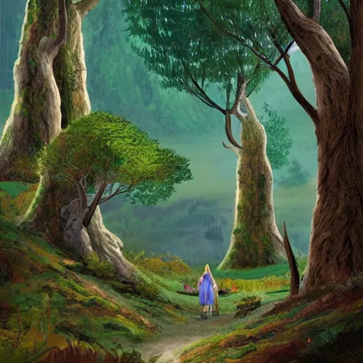 Image similar to a valley with tall trees and two hobbits walking through the forest in the style of J.R.R Tolkien