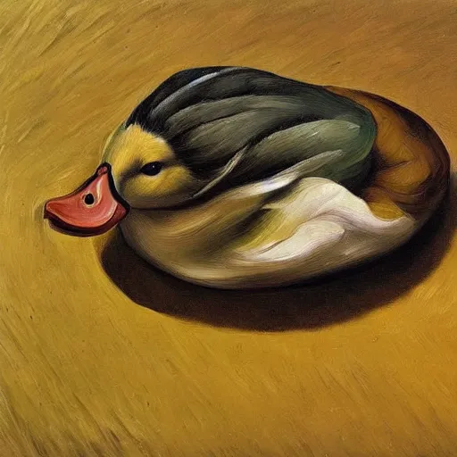 Prompt: a duck on the prowl oil painting lucian freud