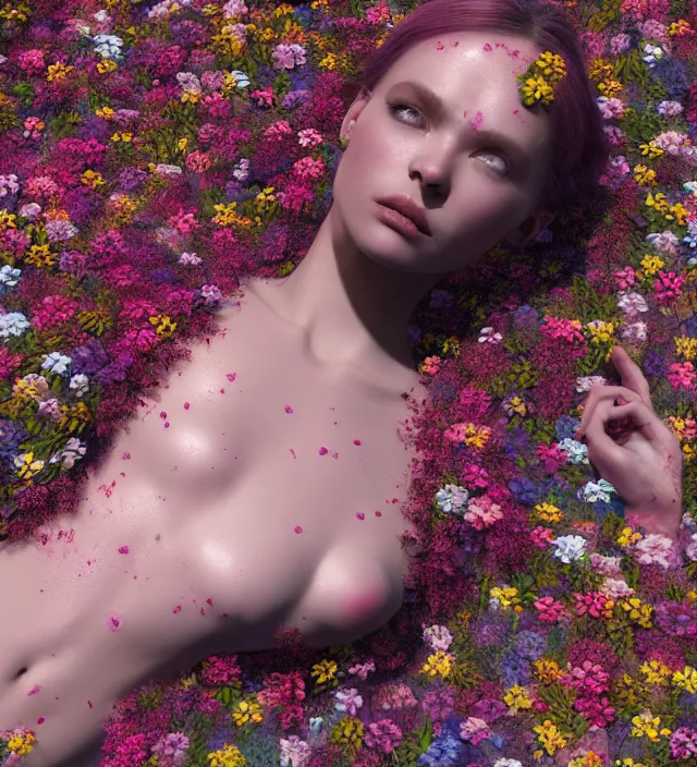 Prompt: baroque portrait of a female android berserker designed by vitaly bulgarov who is lying down in a river made of thousand of flowers, photorealistic, octane render, 8 k, depth of field