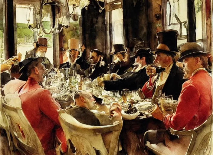 Image similar to gentlemens dinner, masterpiece, meat, wine, schnapps, watercolor by anders zorn and carl larsson, art nouveau