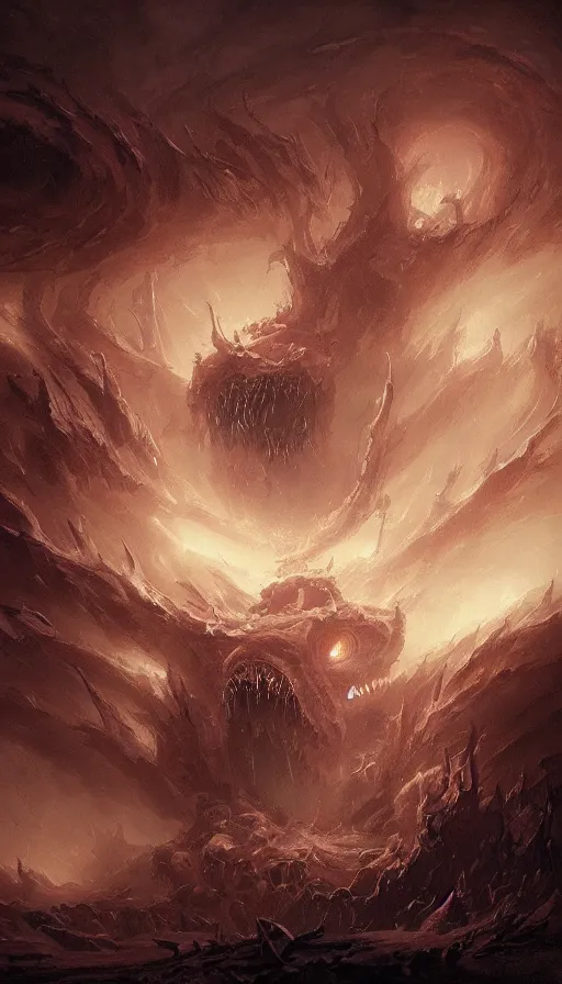 Image similar to a storm vortex made of many demonic eyes and teeth, by greg rutkowski