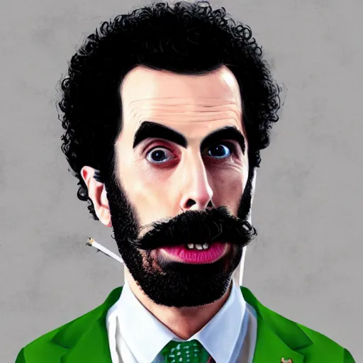 Image similar to Sacha Baron Cohen as borat smoking a giant rolled cannabis cigarette, caricature, smoke, amazing detail, digital art, artstation