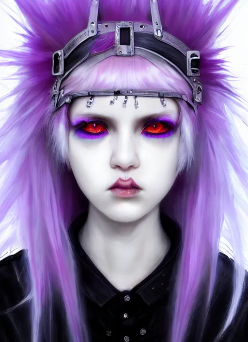 Image similar to hair whitebangs hair, black cyberlox, portrait of normal teenage girl, white bangs, messy bangs, fluffy bangs, cyberlox, whitebangs, red contact lenses, purple background, intricate, elegant, highly detailed, digital painting, artstation, concept art, sharp focus, smooth, illustration, art by wlop, mars ravelo and greg rutkowski