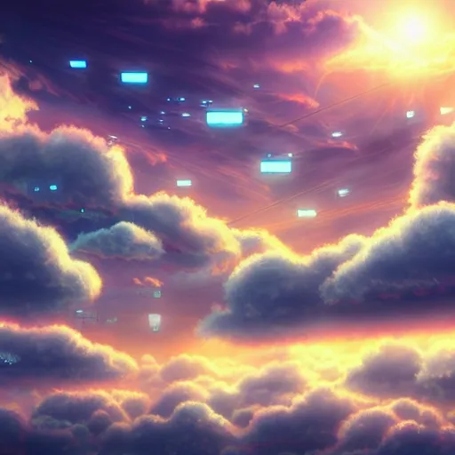 Prompt: this is a beautiful surreal scenery artwork from pixiv. it includes gigantic living inside network of cloud computing material, cloud buildings with internal computer infinites. god lighting, rays, sublimely cold color palette. insanely detailed, artstation!! pixiv!! infinitely detailed