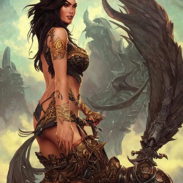 Image similar to megan fox in world of warcraft by artgerm, greg rutkowski, alphonse mucha