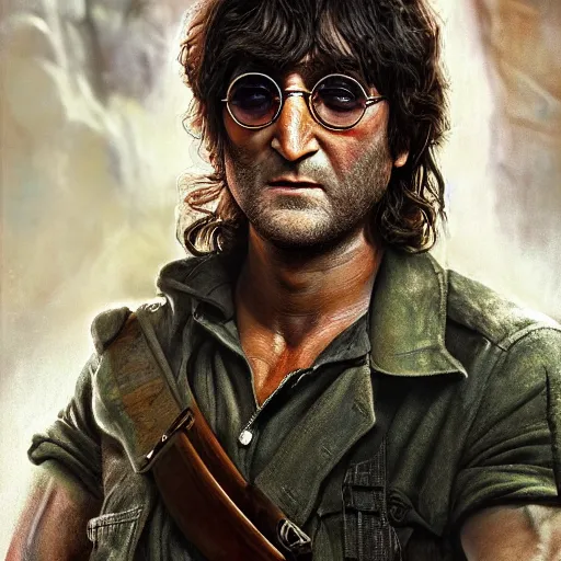 Image similar to john lennon as rambo, ultra realistic, concept art, intricate details, highly detailed, photorealistic, octane render, 8 k, unreal engine, art by frank frazetta, simon bisley, brom