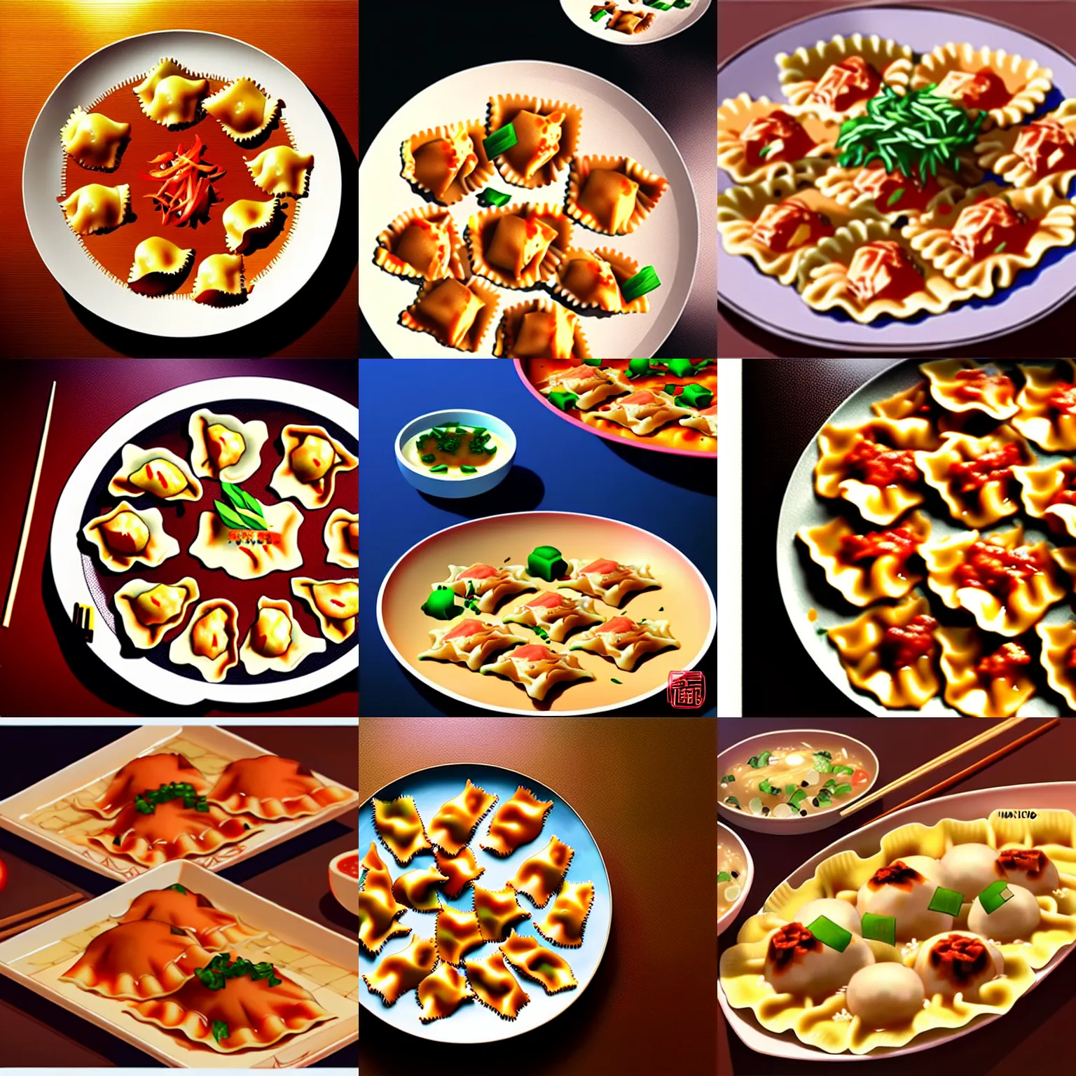 Prompt: delicious and tasty chinese meat ravioli, animation, by makoto shinkai, digital art, illustrations