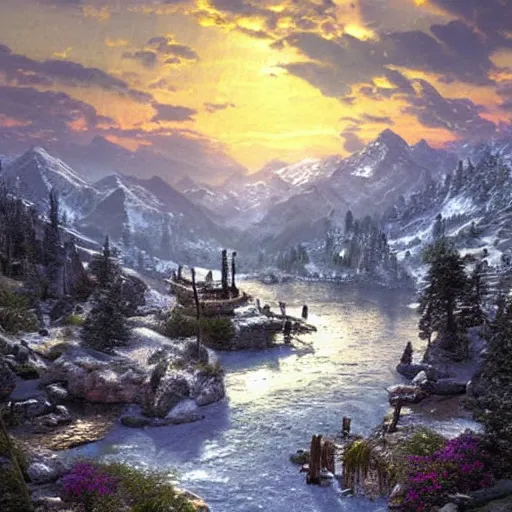 Prompt: skyrim mountains art by thomas kinkade